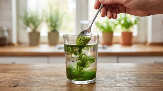 Hand stirring green matcha powder into glass of water