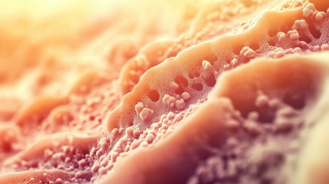 Detailed macro shot showcasing thickened skin texture due to chronic scratching, with warm studio lighting highlighting the cellular changes.