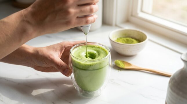Person frothing matcha latte with electric whisk in kitchen