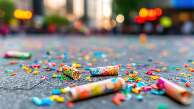 Colorful confetti and wrappers litter the asphalt ground after a public festival, showcasing the messy aftermath of a vibrant celebration in an urban square.