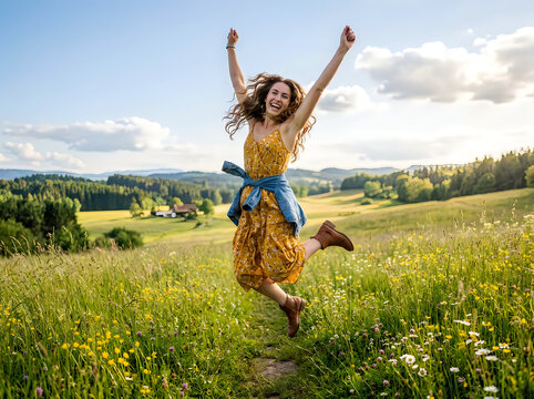 Happy young woman jumping for joy in a beautiful wildflower meadow during sunset