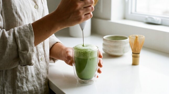 Hands frothing matcha latte with electric whisk in glass