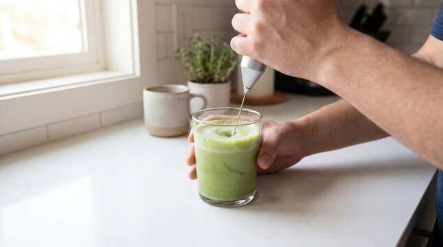 Person frothing matcha latte with electric whisk in kitchen