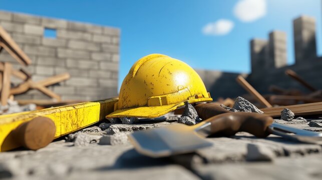 Construction site debris and tools, including a yellow hardhat and shovel, with a clear sky in the background, shallow depth of field.