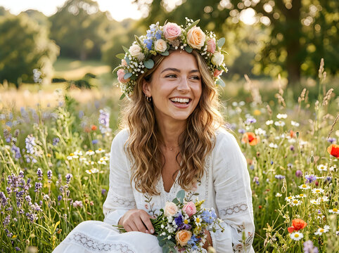 Happy young woman with a flower crown and bouquet in a sunny wildflower meadow