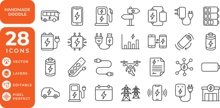 Handmade Doodle Electric Power Icons Set with Battery Charging Station Vehicle Cable and Energy Elements
