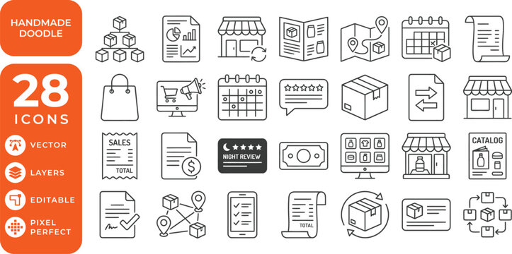 Handmade Doodle Retail and Ecommerce Icons Set with Store Delivery Catalog Sales and Logistics Elements