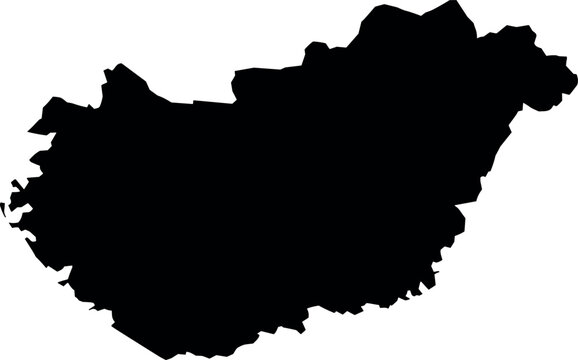 High contrast black silhouette map of Hungary isolated on white background with minimalist styling for professional design.