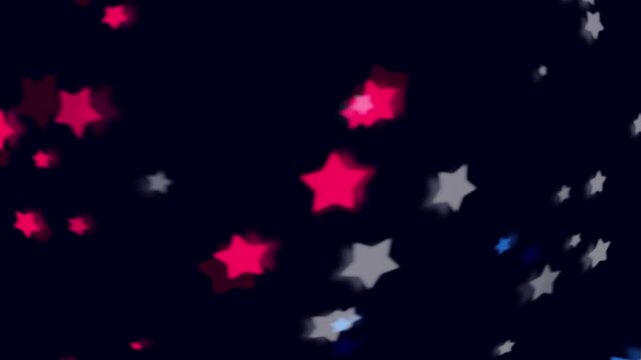 star shape bokeh with glowing red, white, and blue color on a dark blue background from American flag. Abstract patriotic, festive celebration for Independence Day, elections, national events banners.