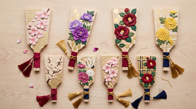 Set of eight traditional japanese hagoita paddles decorated with ornate floral wood carvings.