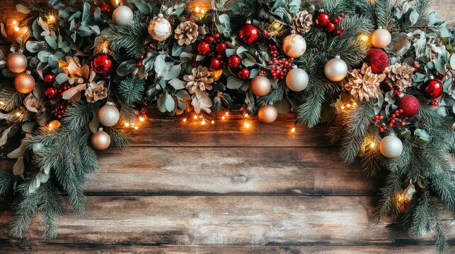 Festive Christmas garland with warm lights and ornaments adorning a rustic wooden background