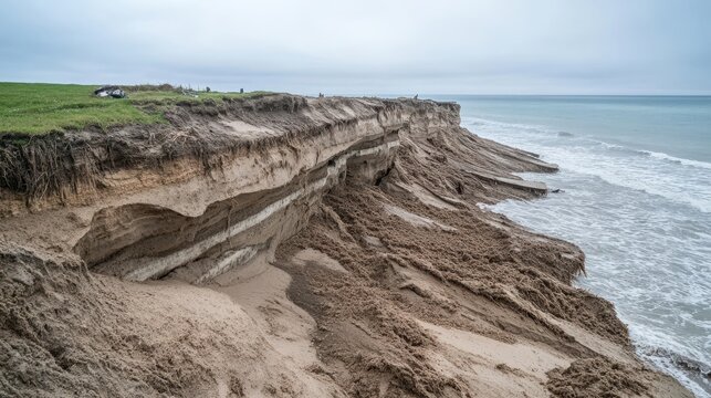 Dramatic coastal cliff erosion showcasing layered geological strata and the impact of rising sea levels on the shoreline