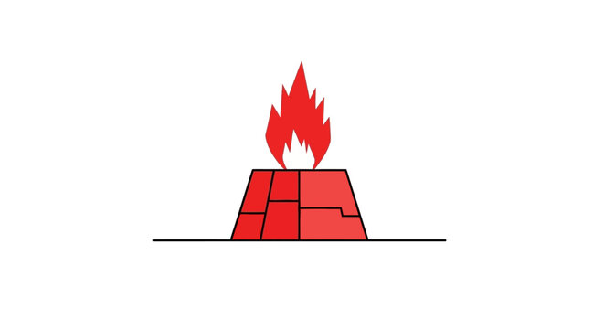 Red industrial gas flare vector icon depicting burning flame over furnace for energy manufacturing and environmental emissions in flat design style