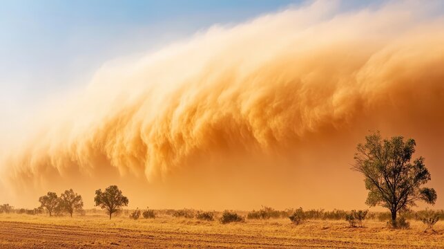 Dramatic dust storm engulfs arid desert landscape under a vast sky, showcasing nature's raw power and atmospheric phenomenon.