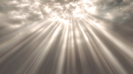 Obraz premium Heavenly light beams breaking through cloud layer, soft divine glow and sparkling particles creating calm spiritual atmosphere with warm tones and radiant rays