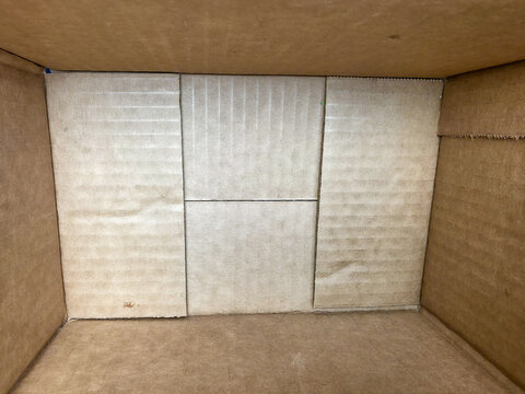 High-resolution view from inside an empty cardboard box. Brown corrugated cardboard walls and floor with visible tape seams.