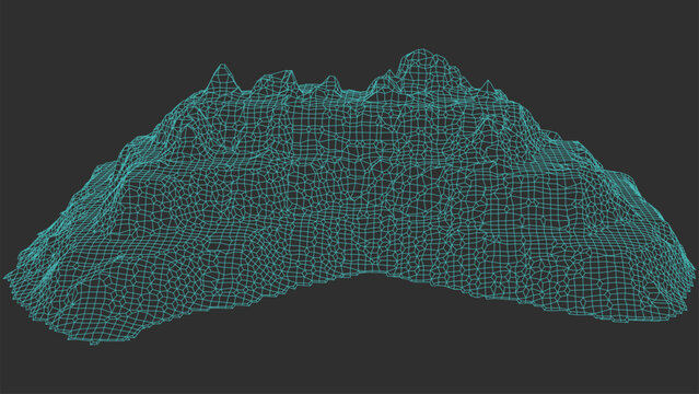 3d wireframe terrain model of a mountain landscape, digital topographic map representation with green grid lines on a dark background