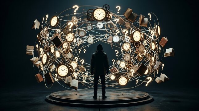 Person Trapped in Endless Cycle of Questions, Time Pressure and Information Overload, Concept of Chronic Anxiety
