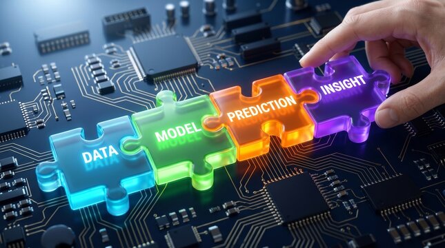 Hand connects 'Insight' puzzle piece, completing the data science journey from raw information to intelligent predictions and valuable understanding.