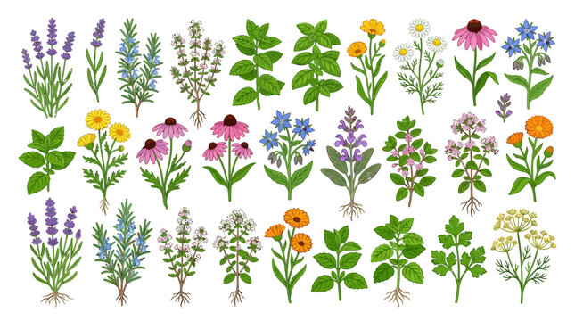 Botanical Illustration: Assortment of Fresh Herbal Plants and Flowers