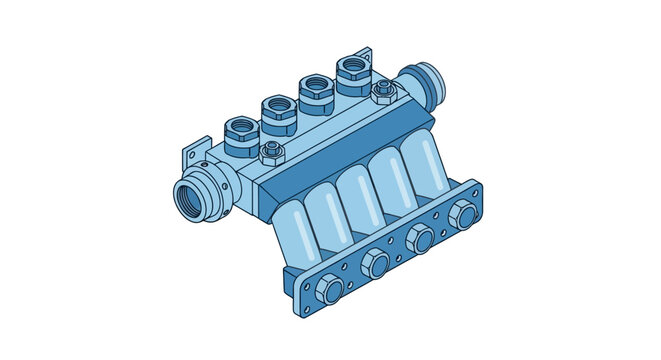 Isometric vector illustration of an industrial manifold block with multiple port connections, isolated technical blue line design element