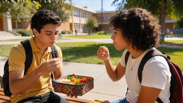 Offering patterned bento, left teen yellow and friend white smiling, sharing lunch on campus bench