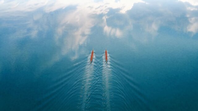 Two canoes glide across a vast expanse of calm water, leaving tranquil wakes behind them. The sky's reflection creates an ethereal, dreamlike panorama.