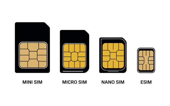 Professional vector graphic illustrating the evolution of mobile phone SIM card sizes from mini to eSIM on a white background.