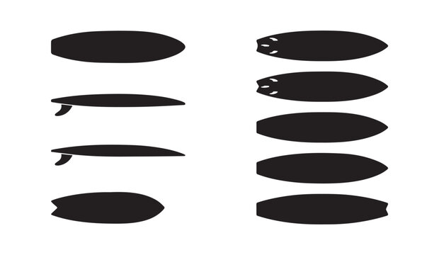 Surfboard top view and side view set with different shapes and fin configurations.