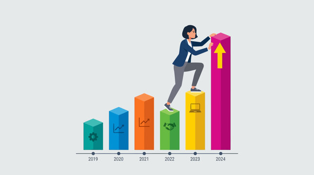 Business Growth Success featuring a businesswoman climbing a rising 3D bar chart with annual milestones from 2019 to 2024, ideal for financial reports and corporate presentations.