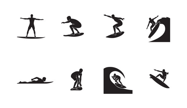 Surfer silhouettes engaged in water sports activity on waves and ocean summer lifestyle.