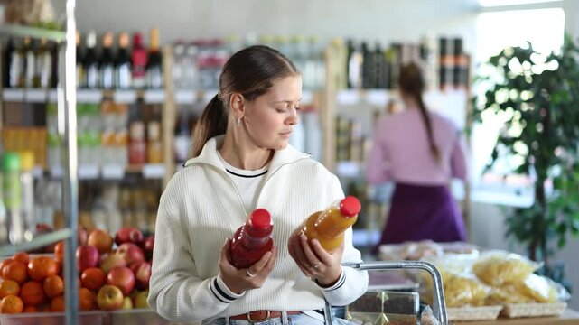 Young woman chooses freshly squeezed tomato and peach juice in glass bottles in a supermarket against the backdrop of buyers. High quality 4k footage