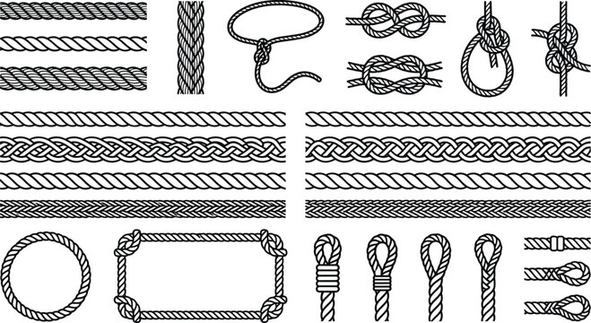 Maritime twine and climbing rope elements bundle with decorative braided borders utility knots tied loops and frame templates for graphic design layout