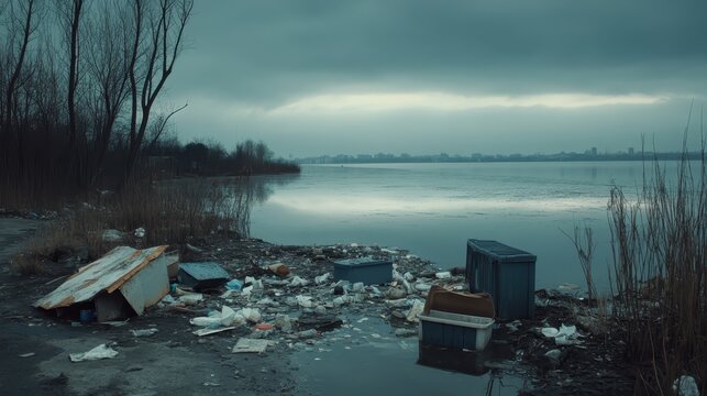 Polluted Lakeside Shoreline Littered with Discarded Trash Under Overcast Skies