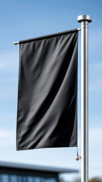 Blank black vertical banner flag flying on a metal flagpole against a clear blue sky, presenting a design mockup for branding, advertising, and street marketing outdoors