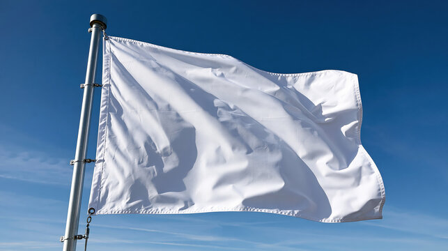 White flag waving in clear blue sky, symbolizing peace, truce, surrender, neutrality, and a fresh start, representing negotiation, declaration, and acceptance