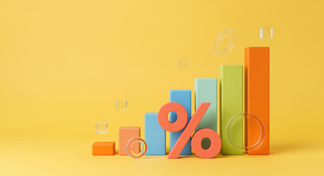 Interest rate growth and inflation financial trend presentation layout with percentage sign symbol leaning on rising infographic column chart diagram over clean background
