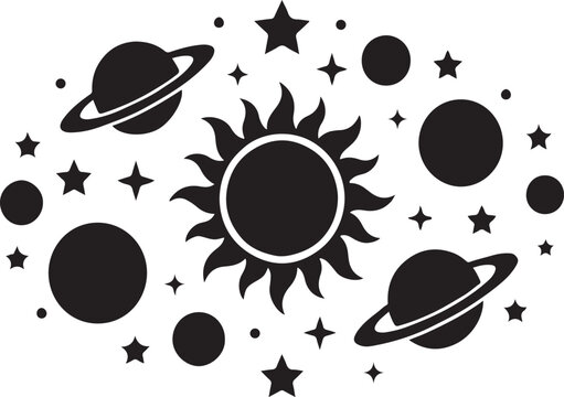 Black silhouette of solar system with sun planets and stars