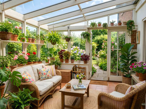 A cozy sunroom filled with lush potted plants, wicker furniture, and a view of a blooming garden