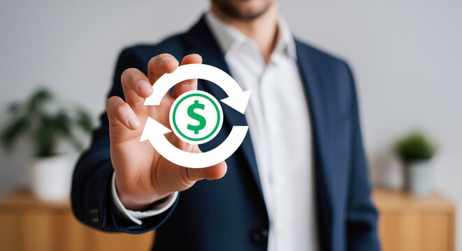 Money transfer cycle with dollar symbol shows payment refund, recurring transaction and cash flow process for finance service, subscription billing and account balance management in business office