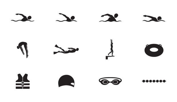 Swimming and diving gear icons for professional water sports activities and pool summer.