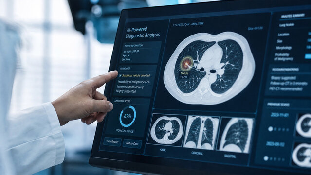 Medical professional using advanced AIpowered diagnostic analysis on a computer monitor displaying lung CT scans for disease detection