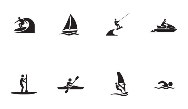 Extreme water sports and aquatic recreation activities silhouettes for coastal tourism art.
