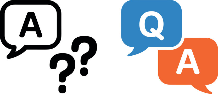 Vibrant questions and answers flat vector icons featuring speech bubbles and question marks for clear customer support FAQ.