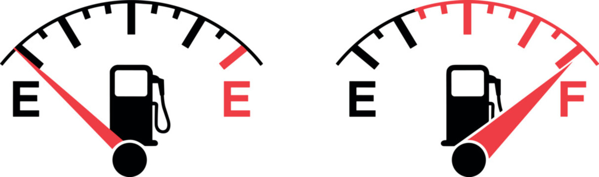 Minimalist vector illustration of two automotive fuel gauge icons showing empty and full levels on a clean white background.