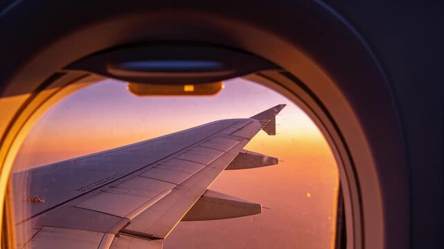 Showing airplane left wing reflecting sunset glow through cabin window, with winglet and specks