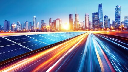 Fototapeta premium Urban renewable energy integration with solar panels and illuminated city skyline at dusk