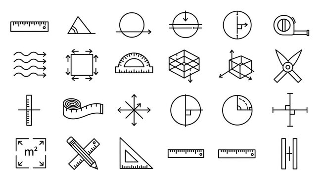 Collection of geometric measurement and mathematical calculation icons with measurement geometry calculation mathematics precision technical engineering drafting analysis development