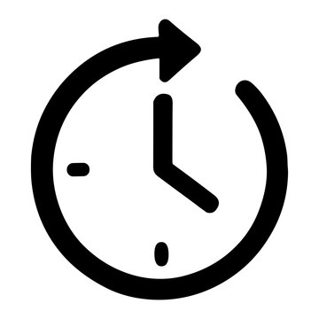 Black clock icon with hour and minute hands surrounded by a clockwise circular arrow, representing time, refresh, history, reset, recurring schedules, backups and updates.