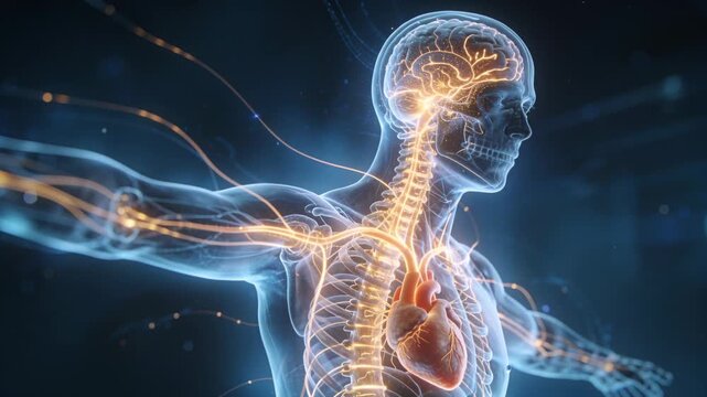 Pulsing clear model sending brain pulses down spine through nerve strand, heart pulsating in studio